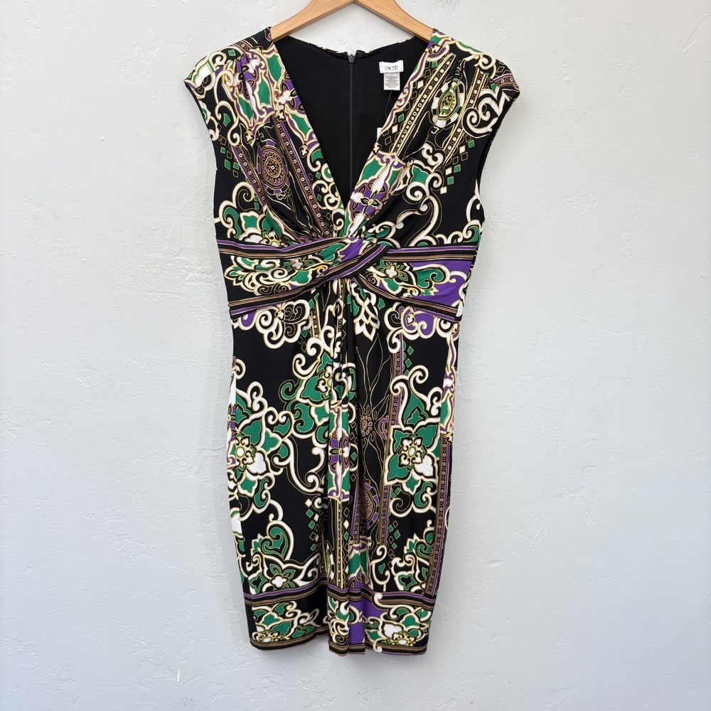 Cache Twist Sheath Dress Women Size 10 Sleeveless Black Green Purple New